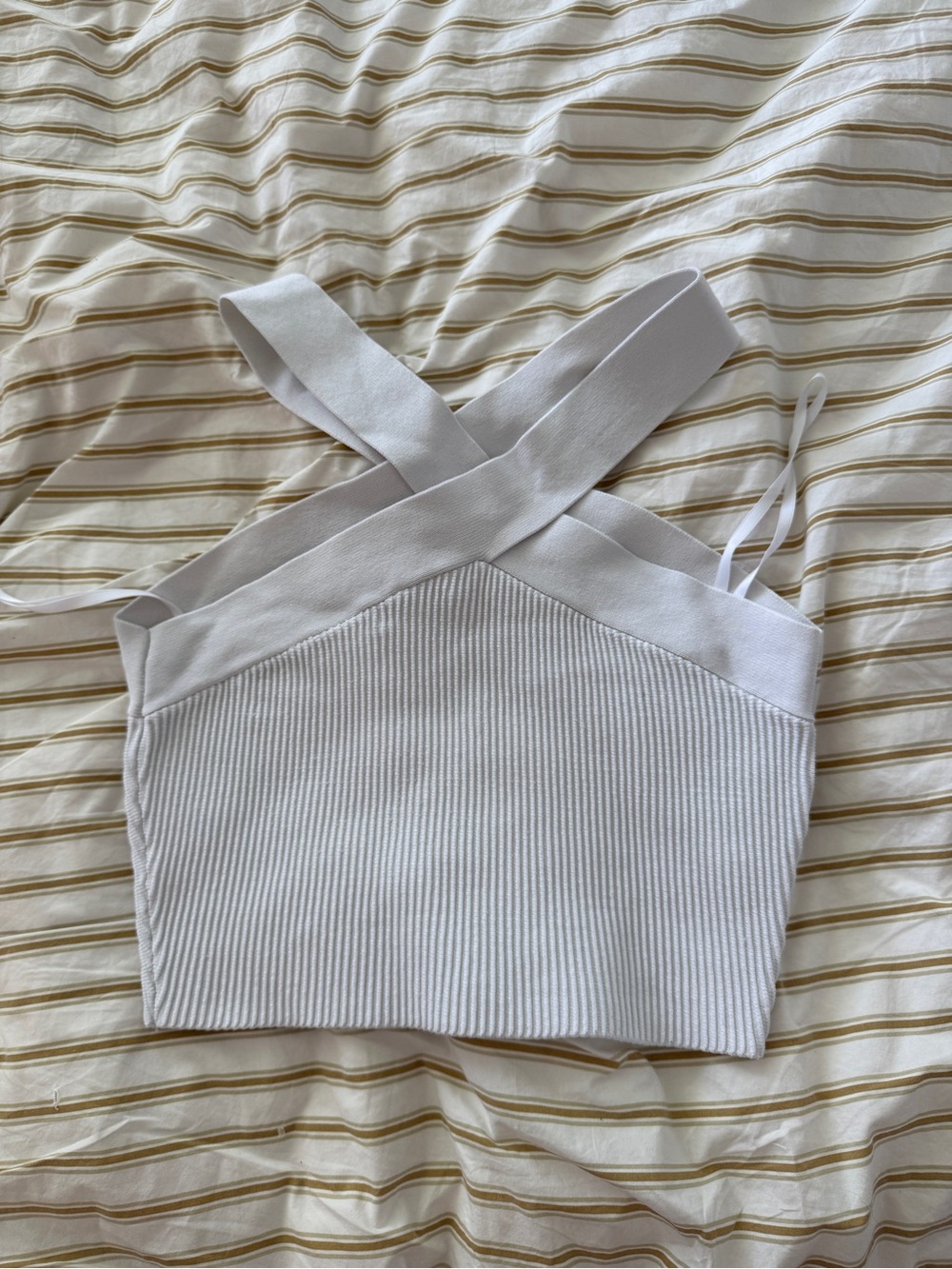 Babaton White Ribbed Cross-Strap Crop Camisole